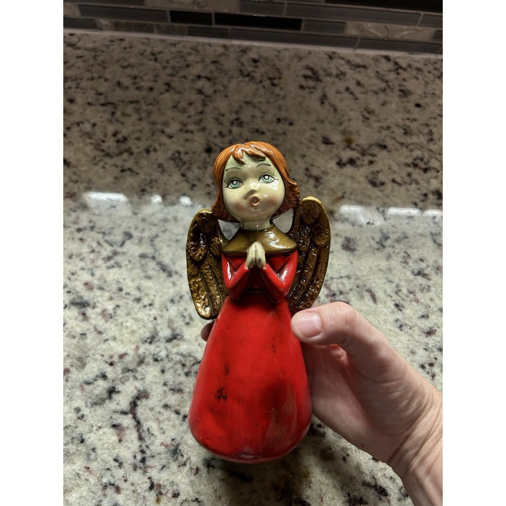 Vintage Ardco Japan Christmas Angel Figurine Mid Century Red Gold Paper Mache